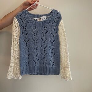 Sea NY Blue Sweater with White Lace Sleeves